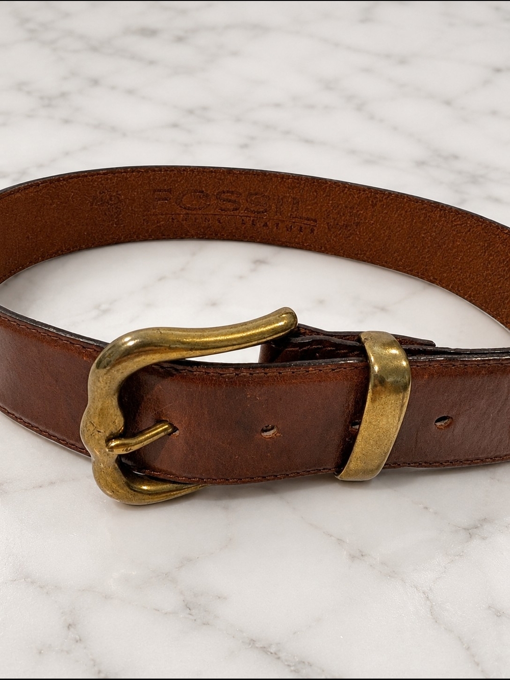 Fossil Genuine Leather Brown Belt Brass Buckle Distressed Vintage Style